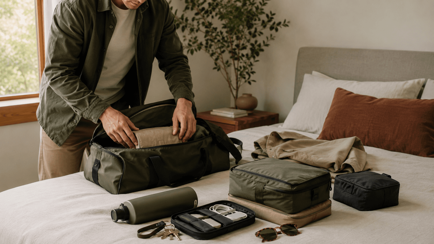 Organized packing setup with travel essentials.