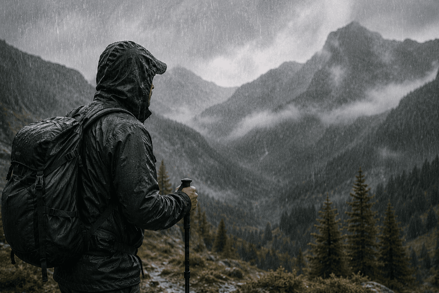 A person in a raincoat with a rucksack facing misty mountains in heavy rain